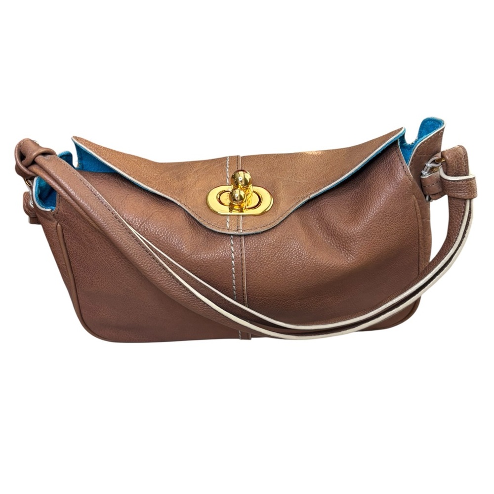 Tre Vero Brown Shoulder Bag with Blue Trim and Gold Turnlock - Picture 7 of 11